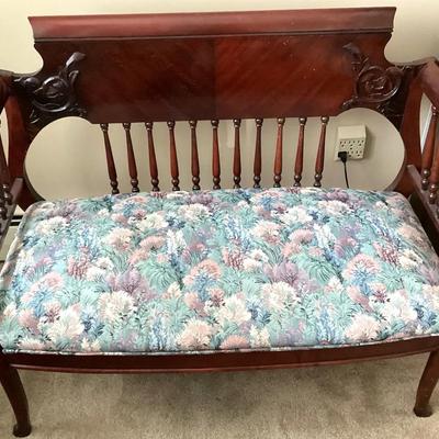 Vintage Carved Wood Settee Bench with Spindle Back & Upholstered Seat