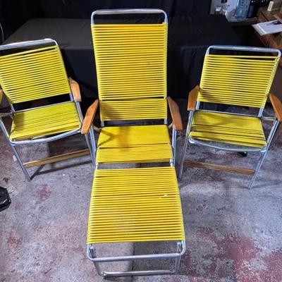 Set of 3 Vintage Yellow Vinyl Webbed Patio Chairs with Wooden Armrests