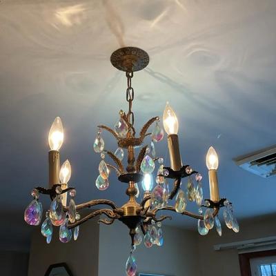 Vintage Brass Chandelier with Prism Crystal Drops 