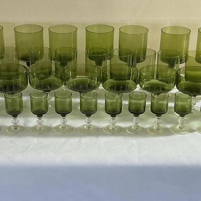 Large Lot Of Green Tinted Stemware
