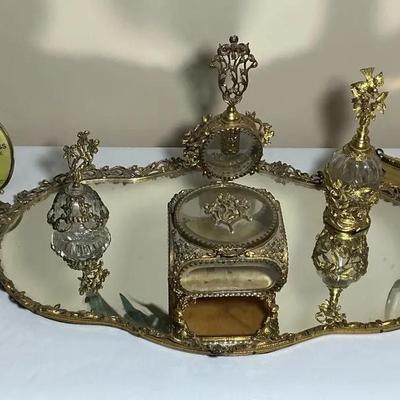 Ornate Gold-Tone Vanity & Serving Lot with Mirror Tray, Perfume Bottles & Vintage Flatware