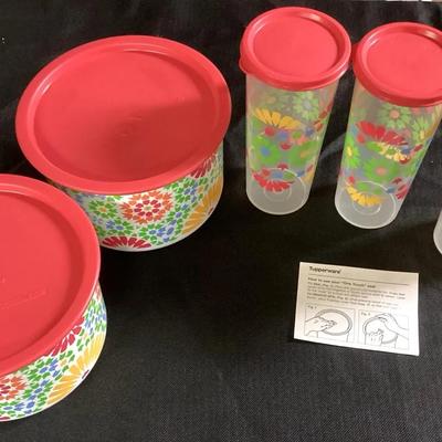 Vintage Tupperware Kaleidoscope Floral Storage Set with Red Lids