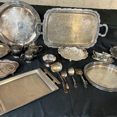 Assorted Silver Plated Serving Trays And Tableware