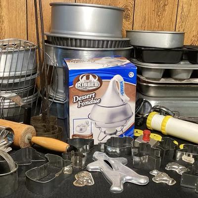 Large Lot of Baking Equipment – Pans, Cookie Cutters, Rolling Pin & Fondue Set