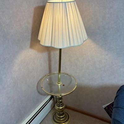 Vintage Brass Floor Lamp with Glass Table & Pleated Shade