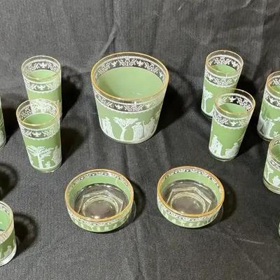 Vintage Green Frosted Glasses Set
