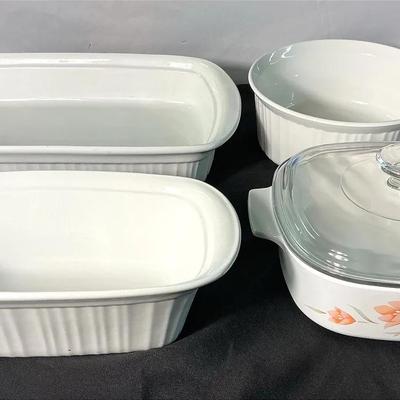 CorningWare Baking Dish Lot – White Ribbed Casseroles & Floral Covered Dish