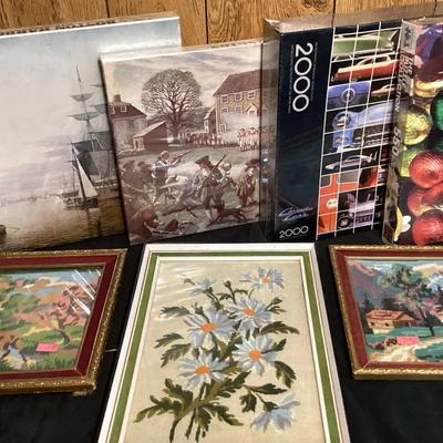 Beautiful Lot of Framed Cross-Stitch Art & Sealed Fine Art Jigsaw Puzzles