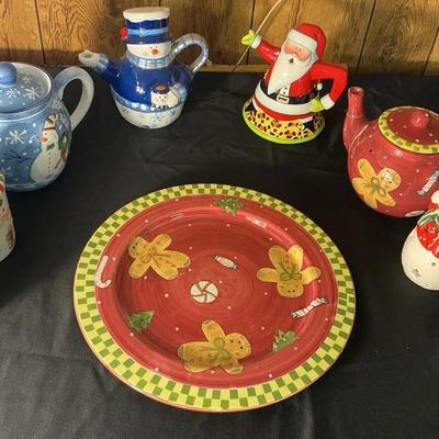 Assortment of Christmas Cookie Jars and Tea Pots