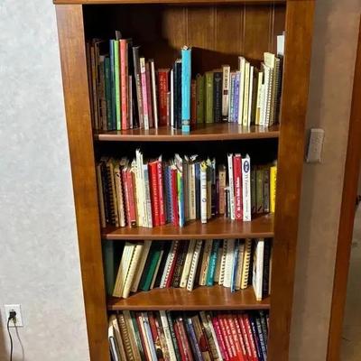 Solid Wood Bookcase with Crown Molding & Assortment Of Books 