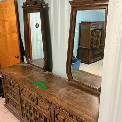 Vintage Carved Wood Triple Dresser with Dual Mirrors 