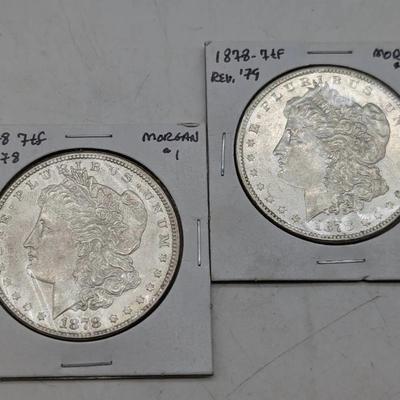 Two 1878 7 Tail Feathers Morgan Dollars