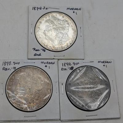 Two 1878 7 TF & 1878-S Morgan Dollars