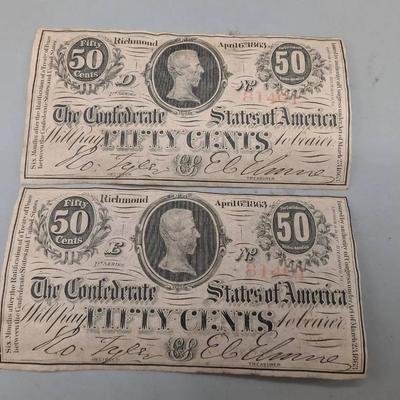 Two 1863 Confederate 50 Cent Notes w/ Consecutive Serial #'s