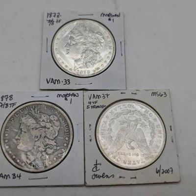 Three 1878 7/8 TF VAM Morgan Dollars