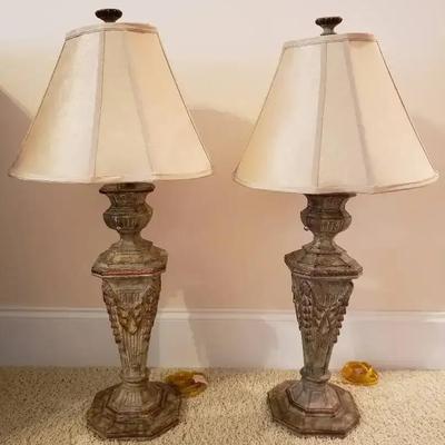 Decorative Table Lamp Pair with Carved Bases and Neutral Fabric Shades