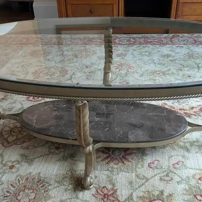 Gilt Rope Coffee Table with Glass Top & Marble Accent Shelf