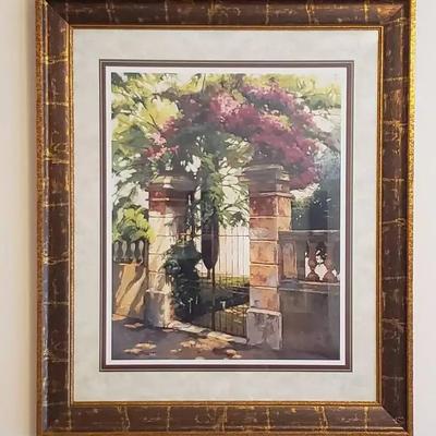Framed Garden Gate with Bougainvillea Watercolor Print