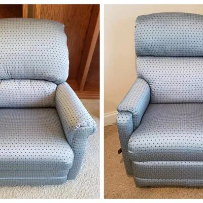Matching Upholstered Recliner Chairs in Blue Patterned Fabric