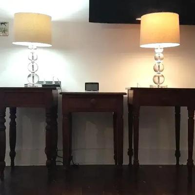 Matching Wood Side Tables with Glass Accent Lamps and Sharp Digital Alarm Clock