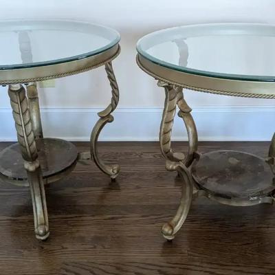 Pair of Gilt Rope Accent Side Tables with Glass Tops