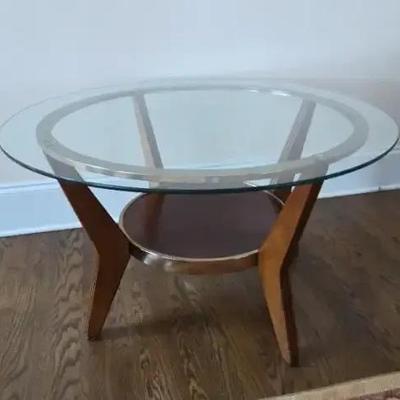 Mid-Century Modern Round Glass-Top Coffee Table with Wood & Brass Base