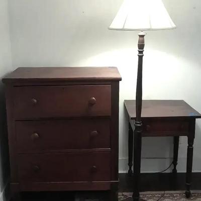 Wood Three-Drawer Chest with Matching Side Table and Floor Lamp