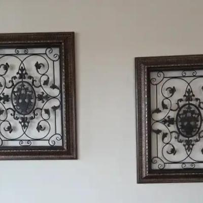 Set of Two Wrought-Iron Metal Framed Wall Décor Panels