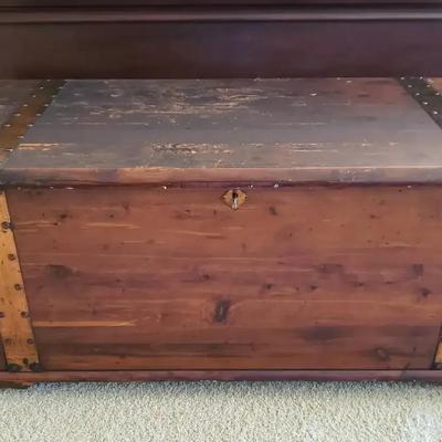 Decorative Wooden Storage Trunk with Metal Accents and Original Key