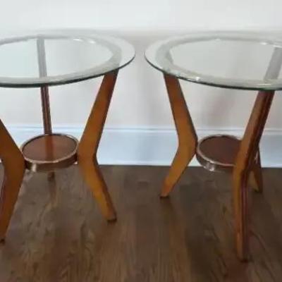 Mid-Century Modern Round Glass-Top End Tables with Wood & Brass Accents