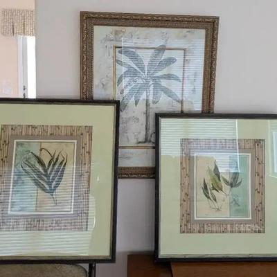Pair of Hand-Painted Botanical Art Prints with Framed Palm Print