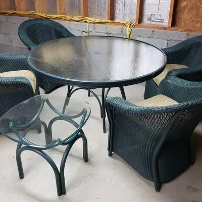 Green Wicker Patio Dining Set with Four Chairs & Two Glass-Top Tables