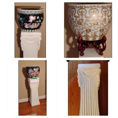 Three Asian Fish Bowls And Plaster Display Column