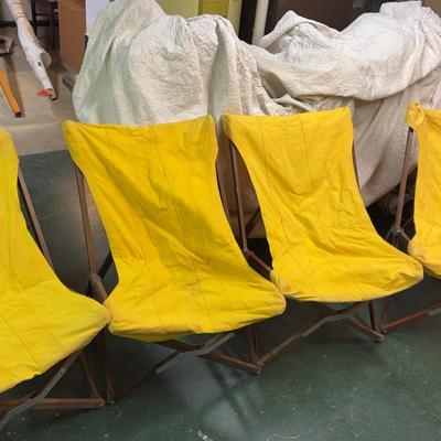 Four Yellow Sling Folding Wood Chairs