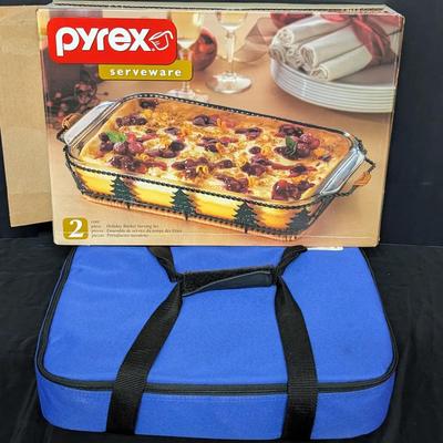 Pyrex Serveware Set with Two Glass Dishes, Wicker Basket & Insulated Carrying Case
