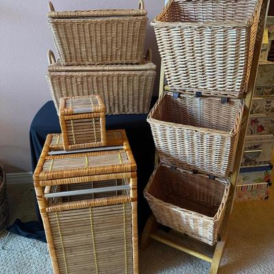 Wicker Storage Basket Lot with Stand & Lidded Hampers