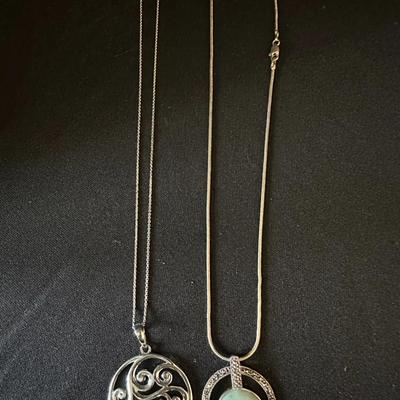 Sterling Silver Necklace Lot – Two Stone Pendant Necklaces (One Marked Italy)