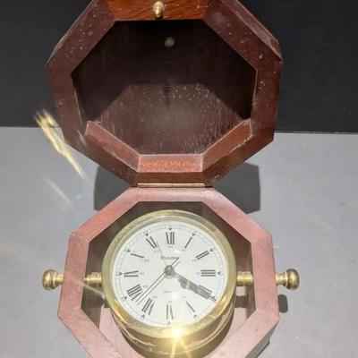 Bulova Octagonal Wooden Desk Clock in Hinged Case – Brass Accents