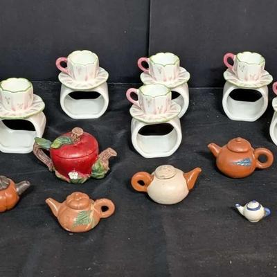 Assorted Miniature Tea-Themed Ceramic Napkin Rings and Teapot Decor Lot