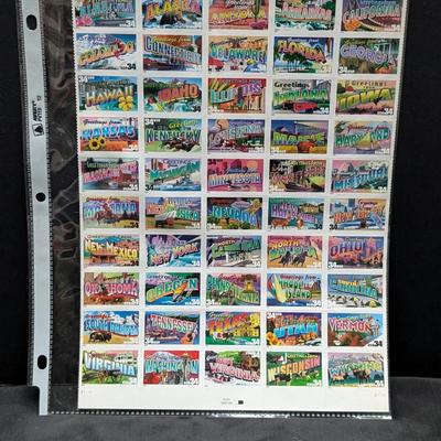 USPS “Greetings From” 34¢ State Postcard Stamp Sheet – Complete Sheet of 50