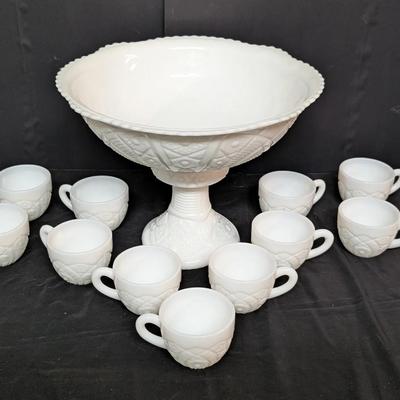 Vintage White Milk Glass Pedestal Punch Bowl Set with Cups