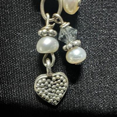 Sterling Silver Freshwater Pearl Charm Bracelet w/ Heart Dangle