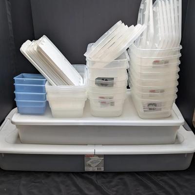 Large Lot of Plastic Storage Totes & Lids – Sterilite 74 Qt Underbed + Rubbermaid Clear Impressions