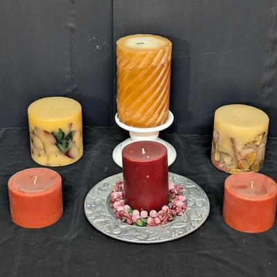 Mixed Decorative Candles Including Longaberger Cinnamon Clove Pillars and Display Stand