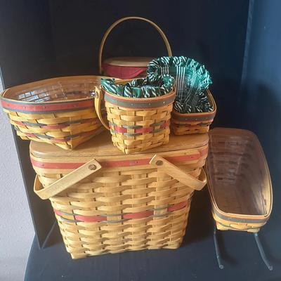 Six Red and Green Christmas Longaberger Baskets Lot with Liners, Lids & A Sleigh