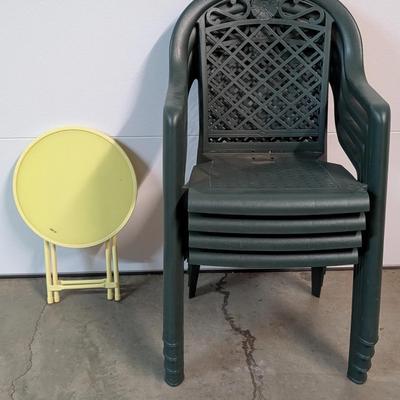 Set of Four Green Patio Chairs with Yellow Folding Side Table