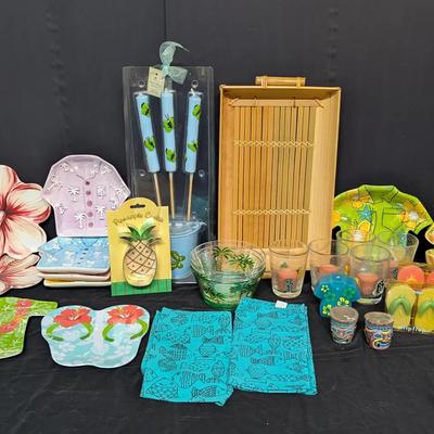 Tropical Kitchen & Entertaining Décor Lot with Glassware, Trays, Plates & Candles
