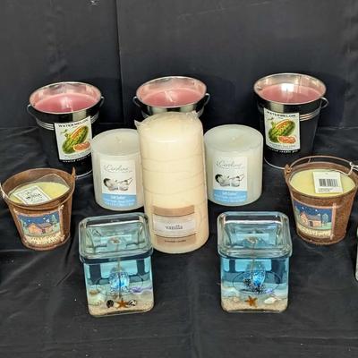 Assorted Decorative & Scented Candles Including Glass, Tin & Rustic Holders