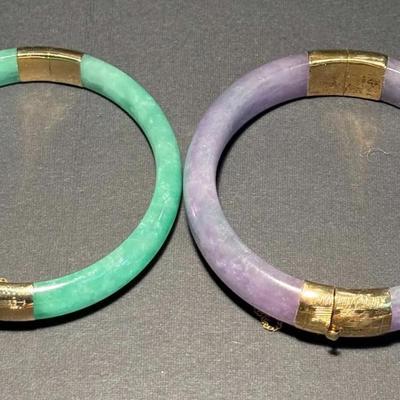 Pair of Stone Bangle Bracelets with Gold-Tone Clasp – Green & Lavender