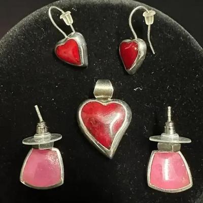 Sterling Silver Heart Jewelry Lot – Pendant & Earrings Set w/ Red & Pink Inlay